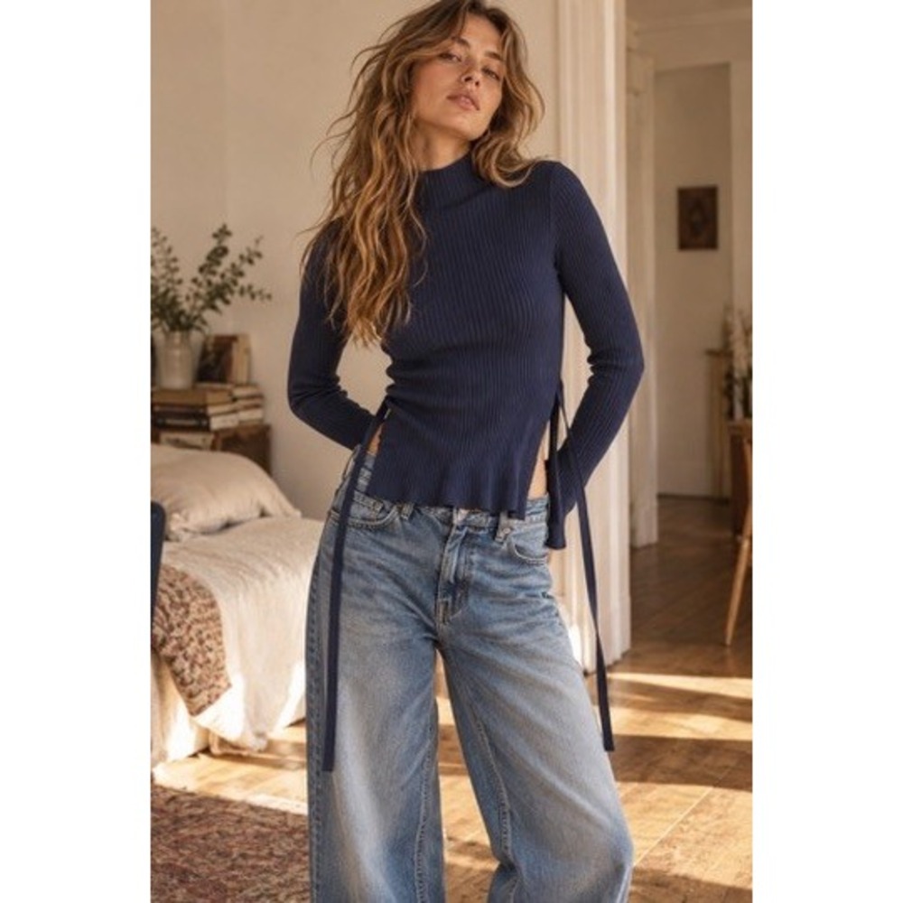 Babaton Aritzia Navy Blue Ribbed Mock Neck Side Tie Cutout Sweater XS